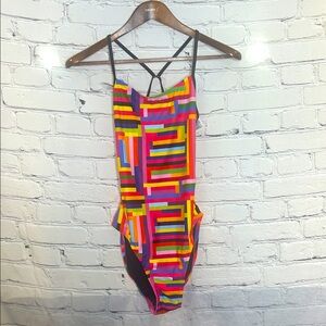 Keifer Cutout One-Piece Colorful Swimsuit Size 36 Excellent Condition